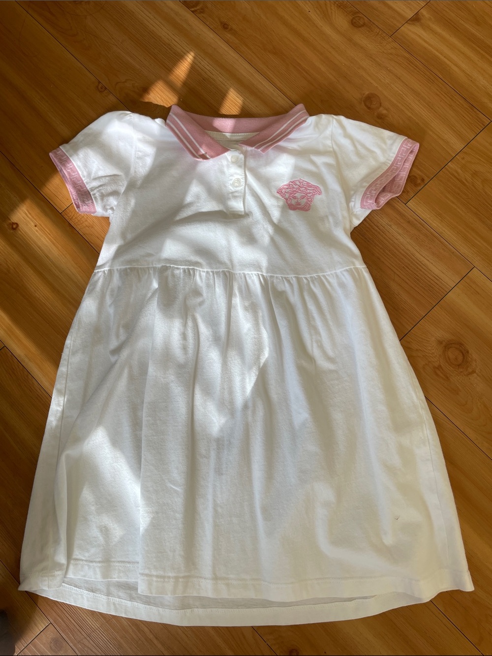 Girls' White Polo Dress with Pink Trim